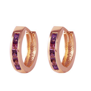 14K. SOLID GOLD HOOP HUGGIE EARRING WITH AMETHYSTS (Rose Gold)